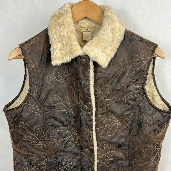 Woolrich Womens Vest Sz Medium Brown Faux Leather Sherpa Faux Fur Lined Snap But - Picture 2 of 10